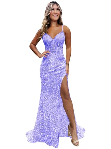 Mermaid Prom Dresses for Women with Slit Sparkly Sequins V Neck Long Corset Lace Formal Evening Gown