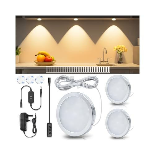 LightingWill LED Under Cabinet Puck Lights, Under Counter Lighting Kit, Dimmable Ultra Thin Closet Lights, DC 12V 3000K Warm White Kitchen Light with Smart Touch Dimmer &12W Power Adapter (3Pack)