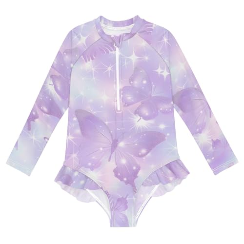 Girls One Piece Swimsuits Long Sleeve Swimsuit Zipper Bathing Suits Shiny Glitter Purple Butterflies