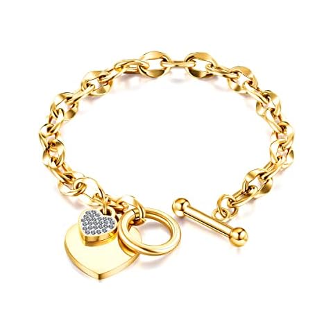 XIYINTA Women's link Bracelet Fashion Love Stainless Steel Bracelet with Cubic Zirconia Jewelry Personality OT Clasp Titanium Steel Bracelet (Gold, Silver and Rose Gold) (Gold Plated) Cover
