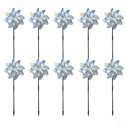 Mulini a vento riflettenti lucidi per decorazione da giardino, confezione da 10 pezzi, in PVC, argento, per esterni, cortile, patio, fattoria, deterrente per uccelli