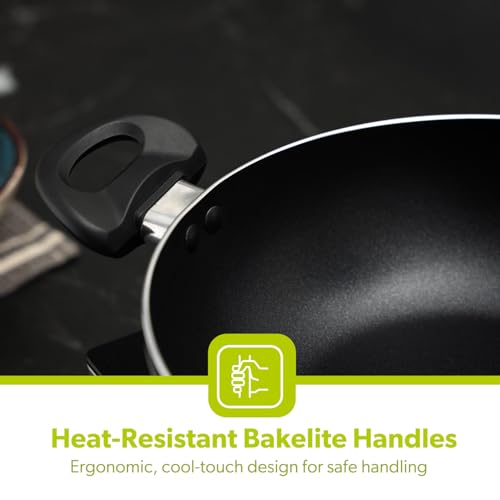 Royalford Aluminium Wok Pan, 32 CM | Induction Safe Frying Pan with Non-Stick Coating & Tempered Glass Lid | Saute/Frying pan with Heat-Resistant Handle | Stir Fry Cookware Pan, PFOA