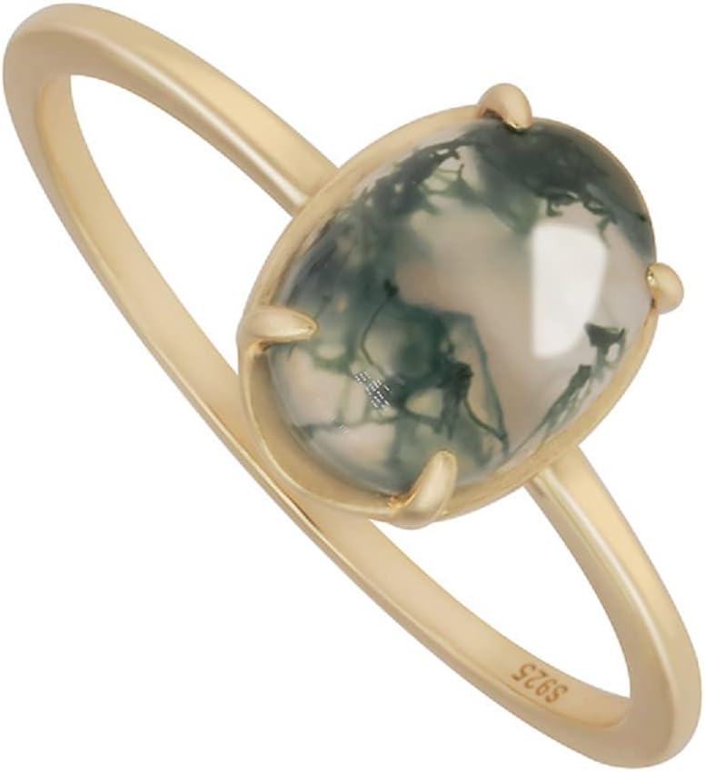 Natural Moss Agate With 14K Gold Plated Sterling Silver Rings Oval Ring Valentine Gift Vintage Retro Ring for Women
