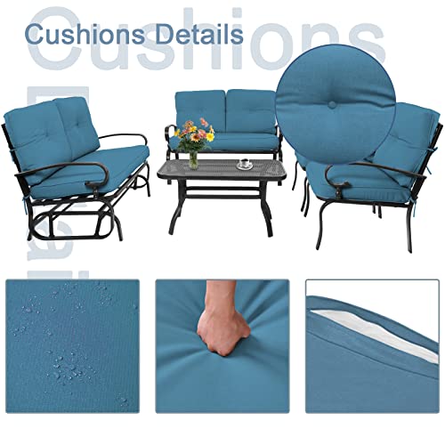 Incbruce 5 Pcs(6 Seats) Outdoor Metal Furniture Sets Wrought Iron Patio Conversation Sets, (Glider, 2 Single Chairs, Loveseat, And Coffee Table) With Cushion (Peacock Blue) #TOP3