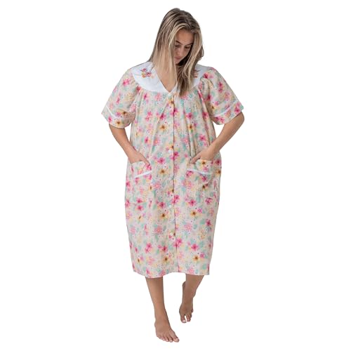 Image of Women's Short Sleeve Woven Snap-Front Closure Floral Embroidery Housecoat Duster Lounge Nightgown Robe with Front Pockets