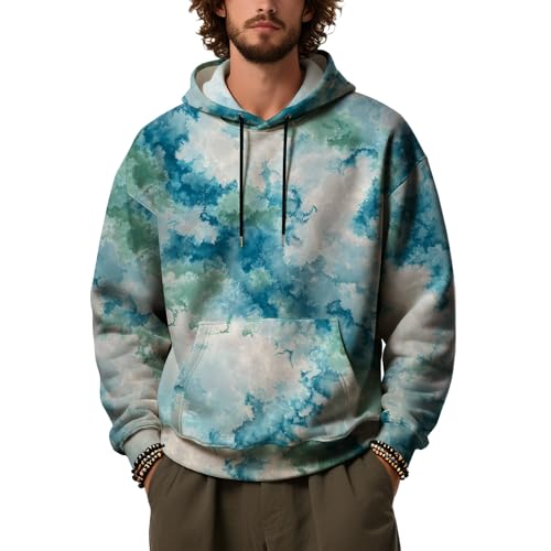 Tie Dye Hoodies for Men Fall Casual Baggy Pullover Drawstring Sweatshirts Long Sleeve Workout Hoodies with Pockets