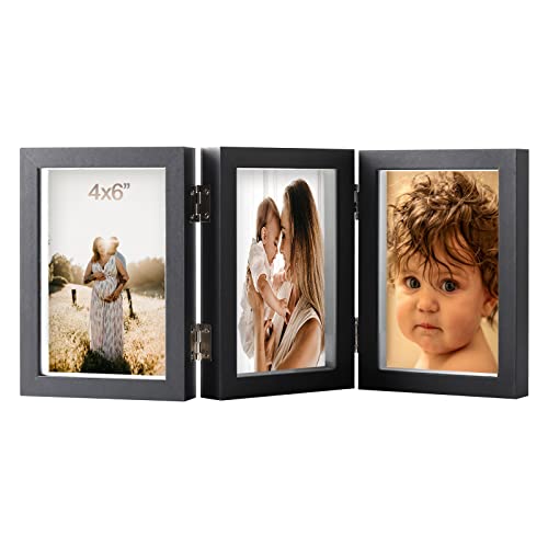 4X6 Triple Hinged Black Picture Frames Shadow Box Mdf Wood With Real Glass 3 Vertical Opening Family Lover Gift #TOP7