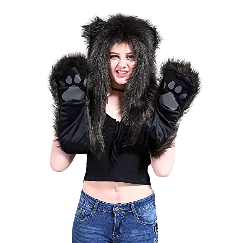 ITODA Faux Fur Wolf Animal Hood Hat 3 in 1 Furry Cosplay Costume Cartoon Hoodie Cap with Paw Gloves Scarf Plush Warmer Hat