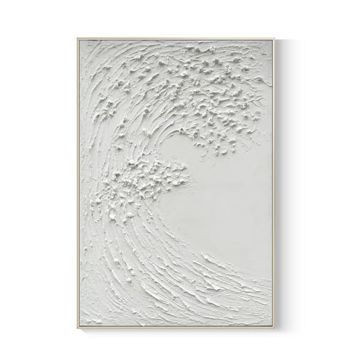 GeekMacro White Textured Wall Art - Hand Painted Ocean Waves Oil Painting Framed Large Minimalist Canvas Artwork for Living Room 45x30 Vertical Wall Decor