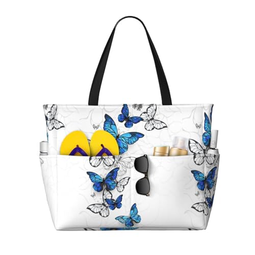 Blue Flying Butterflies Print Large Beach Tote Bag for Women Extra Large Capacity Sandproof Waterproof Pool Bag Suitable for Swimming Pool Gym Groceries Travel