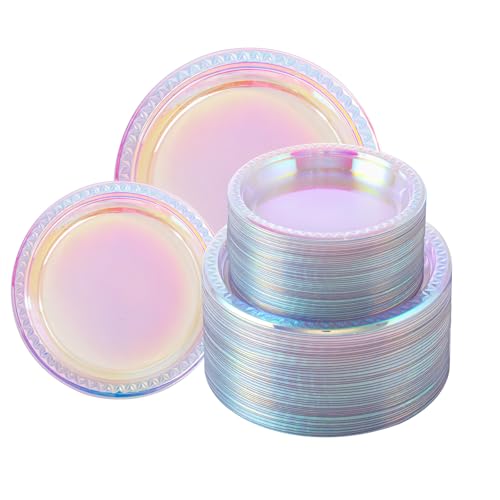 Supernal 120 Pcs Iridescent Sparkle Plastic Plates Disposable Plates for Party Valentines Day Mothers Day and Easter Clear Neon Rainbow Plastic Plates 60 Pcs Dinner Plates and 60 Pcs Dessert Plates