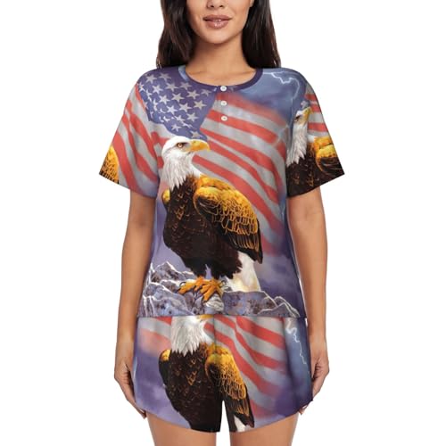Pyjama femme motif aigle drapeau USA avec haut manches courtes et short confort