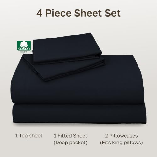 Image of California Design Den King Sheet Set - Natural 100% Cotton Sheets King Size with Deep Pockets, Soft Sateen Weave, Breathable and Durable Bedding Set (Midnight Deep Blue)