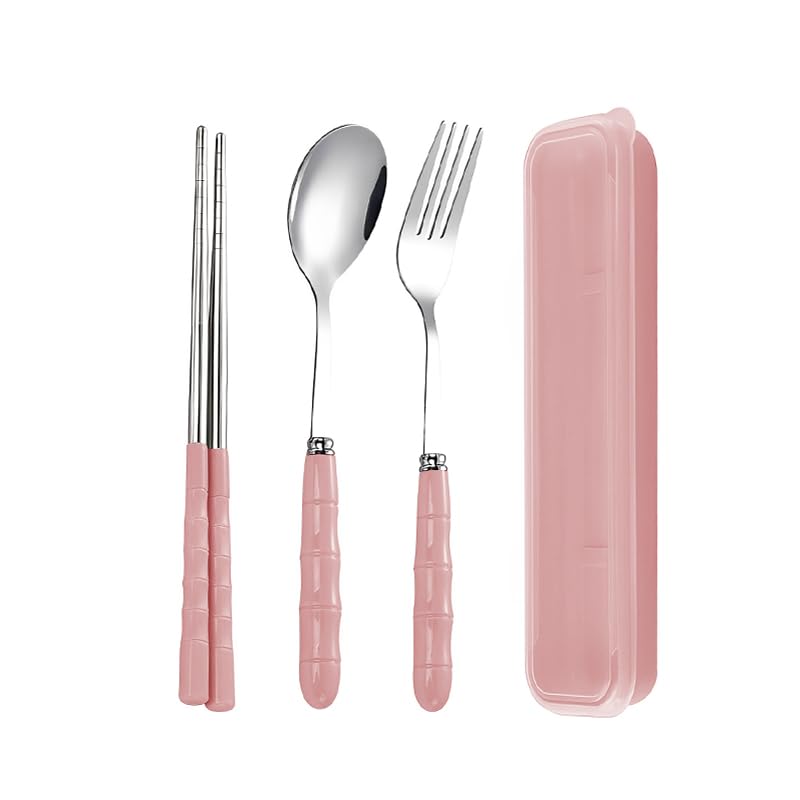 ZIBUYU® 3Pcs Chopsticks Set Stainless Steel Spoon, Fork and Chopsticks Cutlery Set for Dining Table, Travel and Office Portable Utensils Set with Case, Pink-image-2