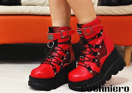Image of Gothniero Platform Goth Ankle Boots for Womem Black Holographic Combat Chunky Heel Boots with Side Zip Lace Up Wedge Booties US5.5-11