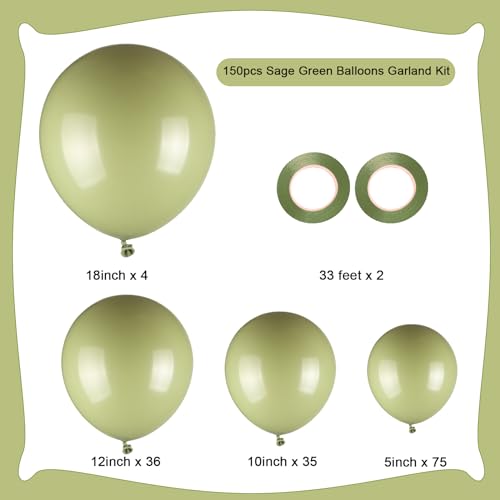 Image of 150pcs Sage Green Balloons Different Sizes Pack, 18 12 10 5 Inch Party Balloon Garland Arch Kit for Birthday Dinosaur Baby Shower Jungle Forest Theme Party Decorations(With 2 Ribbons)