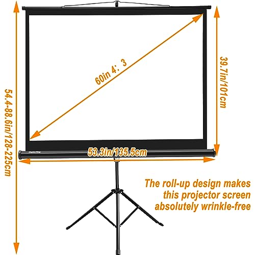 Display4top 60" Portable Projector Screen,4:3 Portable Foldable For Home Theater Cinema Indoor Outdoor Projector Movie Screen,Screen:122cm(W) x 91cm(H) (60" Portable Tripod)