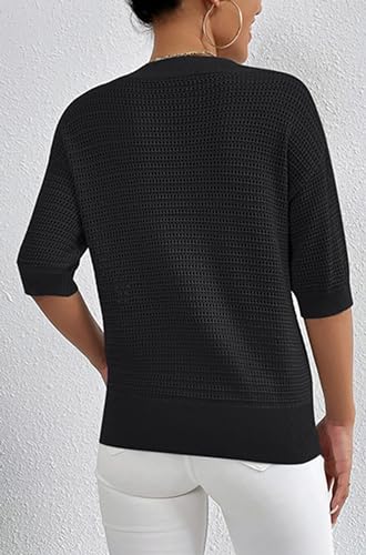 Women's Hollow Out Half Sleeve Shirt Summer V Neck Knit Sweater Casual Loose Fit Pullover Top4