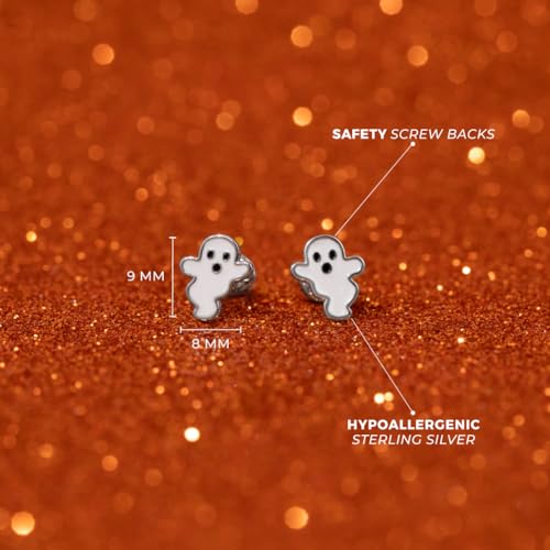 925 Sterling Silver White Enamel Ghost Safety Screw Back Earrings For Little Girls - Halloween Ghost Shaped Earrings For Children - Kids Ghostly Shaped Earrings4