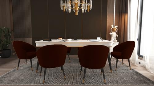 Image of WOODEN SPACE 6-Seater Wooden Dining Table Set | Nano Composite Marble Top | Solid Wood Base | Modern Dining Room Furniture with 6 Chairs (Maroon 2)