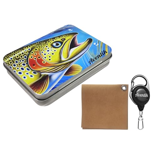 Aventik Metal Rectangular Hinged Tins Box with Lid Fly Fishing Tools Kit Includes a Fly Patch Zinger Retractor (Dry Fly Patch+ Zinger)