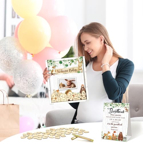 Image of Beeveer 65 Pcs Woodland Baby Shower Guest Book Alternatives Baby Shower Sign in Guest Book Decoration with 1 Photo Frame 60 Heart Wood Slices for 60 Guests Animal Sonogram Frame Keepsake