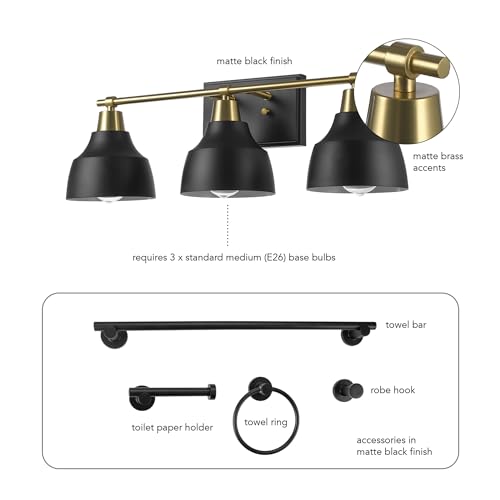 Image of Globe Electric 63000204 5-Piece All-in-One Bathroom Accessory Set, 3-Light Vanity Light, Matte Black & Brass, Towel Bar, Robe Hook, Toilet Paper Holder, Towel Ring, Bath, Bathroom Lights Over Mirror