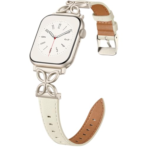 SNBLK Slim Women Band Compatible with Apple Watch Bands 40mm 41mm 42mm 44mm 46mm 49mm 38mm 45mm, Floral Dressy Top Grain Leather Thin Strap for iWatch SE Series 11 10 9 8 7 6 5 4 3 2 Ultra,