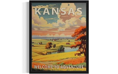 Kansas State Scenery Poster Art Print, Retro States Landscape Wall art Decor, Adventure Mountain and Scenery Painting for Bedroom, Living Room 42 (Kansas, 8 x 10 inches, Unframed)