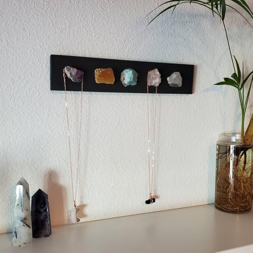 Noomul Crystal Jewelry Organizer | Wall Mounted Necklace Hanger with Raw Stone Hooks | Boho Decor