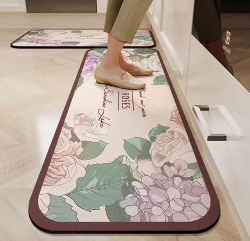 Image of HomeCloud Rubber Kitchen Mats for Floor Set of 2 Pcs|Non-Skid, Soft Absorbent Rugs for Kitchen, Laundry, and Hallway|120x40cm, 40x60cm| 4mm Thickness (Rose Beige Flower)