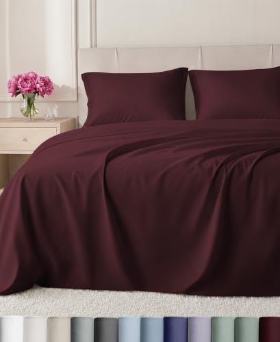 Image of California Design Den 800 Thread Count King Size Cotton Sheets, Red Wine | 100% Cotton Sateen Backed by Good Housekeeping Seal - Soft & Thick, 16 inch Deep Pocket, All-Around Elastic, 4 Pc Set, Easy Care