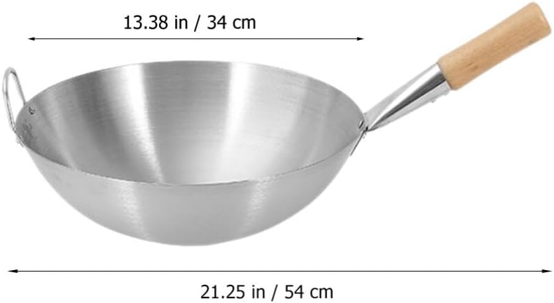 Hemoton Stainless Steel Wok, 13 Stir Fry Pans, Chinese Wok with Wooden and Steel Helper Handle for Induction, Electric, Gas, All Stoves (13 Inch, Round Bottom)