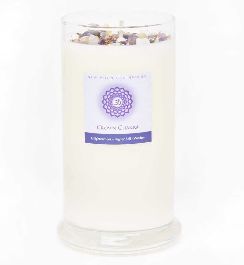 Crown Chakra Candle by New Moon Beginnings - Chakra Candles - Dried Flower, Herb, & Crystal Candles - Aromatherapy Candles - Soy Candle - 12oz Glass Jar