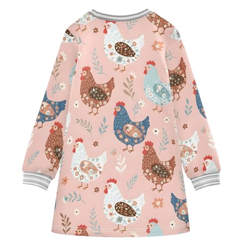 Girl Long Sleeve Dress Chicken Pattern with Floral Elements Girls Dresses A-Line Casual Tunic Playwear 2-8 Years2