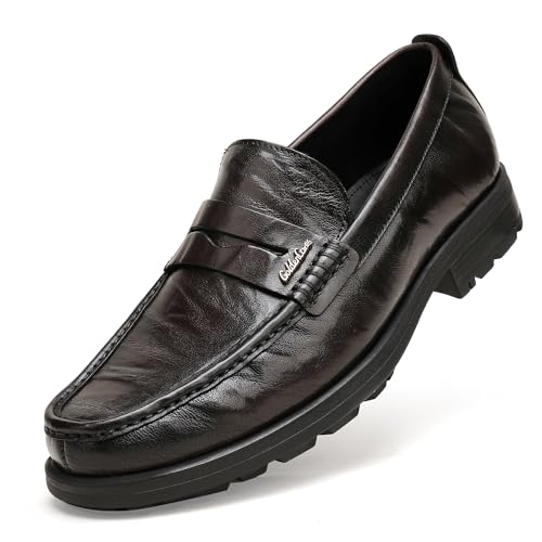 Image of Mens Leather Penny Loafers, Classic Crocodile Printed Business Dress Shoes with Metal Buckle Slip on Penny Shoes for Mens