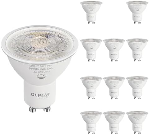 GEPLAD 12-Pack GU10 LED Bulbs Daylight 5000K, 6W 582LM Dimmable GU10 Two Prong Light Bulb, 50W Halogen Replacement, Track Lighting,Recessed Light,Range Hood Light Bulbs