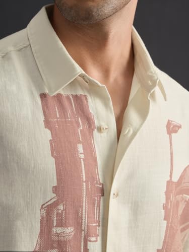 Image of The Souled Store Star Wars: Far Far Away Men and Boys Short Sleeve Spread Collar Light Beige Printed Casual Streetwear Drop Shoulder Cotton Oversized Shirt