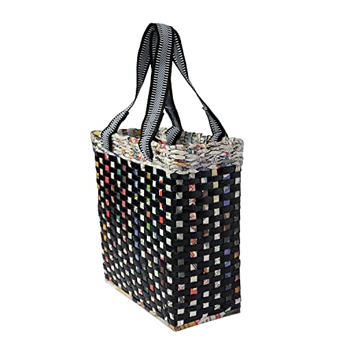 Image of Paperus Re-usable Small Black Check Carry Bag, Shopping Bag, Handbag, Tiffin Basket, Lunch Bag, Eco-friendly, Handmade, of Paper Ropes 11 In Tall 10 In Length 5 In Wide Base