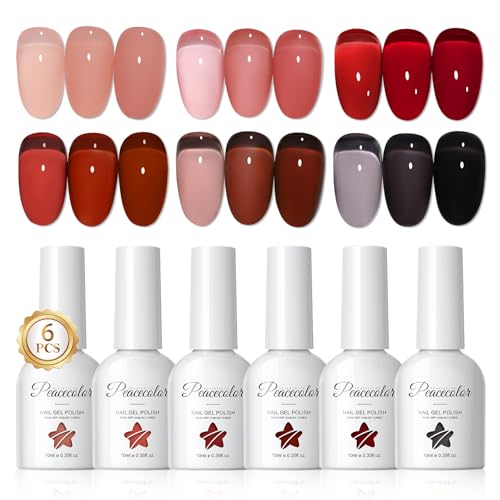 PEACECOLOR Esmaltes Semipermanentes para Uñas, 6 Colores Rojo Negro Jelly Gel Nail Polish, Esmalte de Gel Transparente Jelly Nail Polish Set