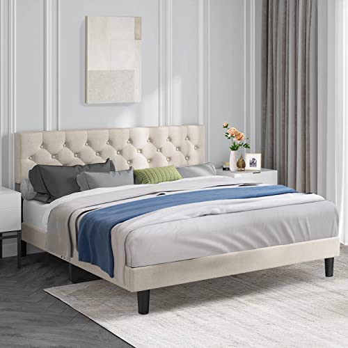 Hombck King Size Bed Frame With Button Tufted Headboard, Modern Upholstered Bed Frame King With Sturdy Wood Slat Support, Mattress Foundation, No Box Spring Needed, Beige #TOP2