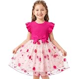 JinBei Vestidos para Niñas, Vestido de Princesa Mangas Volantes Vestido Tul Bordado Floral Moño Verano Cuello Redondo Ropa Infantil para Fiesta Ceremonia Boda Noche Casual, 4-5 Años, Fucsia