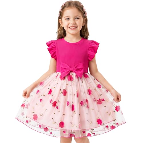 JinBei Robes Filles Princesse Robe Manches Volantes Robe en Tulle Fille Broderie Florale Bowknot Été Bébé Enfants Vetement pour Mariage Anniversaire Fête...