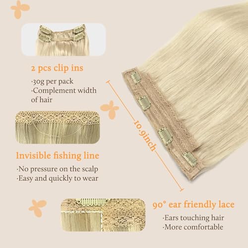 Image of DOORES Wire Hair Extensions, Platinum Blonde 14 Inch 75g Fish Line Weft Extensions and 2pcs 30g Clip ins, 105g Invisible Wire Real Remy Human Weft Straight Transparent Seamless Hairpiece