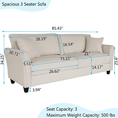 Mikibama Linen Fabric Sofa 85 Inches Mid-Century Modern Couch 3 Seater Sofa With 2 Throw Pillows Upholstered Sofa With Rolled Armrest For Living Room, Apartment, Bedroom (Beige) #TOP1