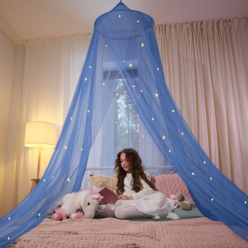 Blue Canopy Bed, Blue Bed Canopy with Glow in The Dark Stars for Girls, Boys, Kids and Babies, Net Use to Cover The Baby, Kid, Girls Or Full Size Bed, Fire Retardant Fabric