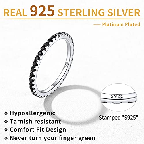 ChicSilver Personalized 2MM Black Cubic Zirconia Eternity Ring 925 Sterling Silver Engraved Custom Name Black CZ Simulated Diamond Stackable Wedding Band Ring for Women Size 74