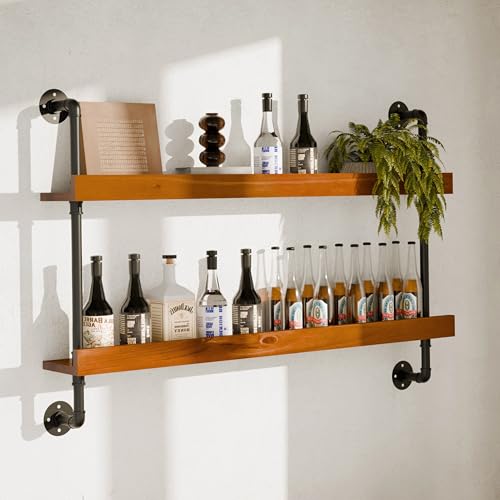 Industrial Wine Rack Wall Mounted, Solid Wood Shelf with Metal Pipe Brackets, 2-Tier Rustic Hanging Organizer for Wine Bottle Storage in Kitchen, Bar, Pub, Cellar(Walnut Brown, 48 Inch)