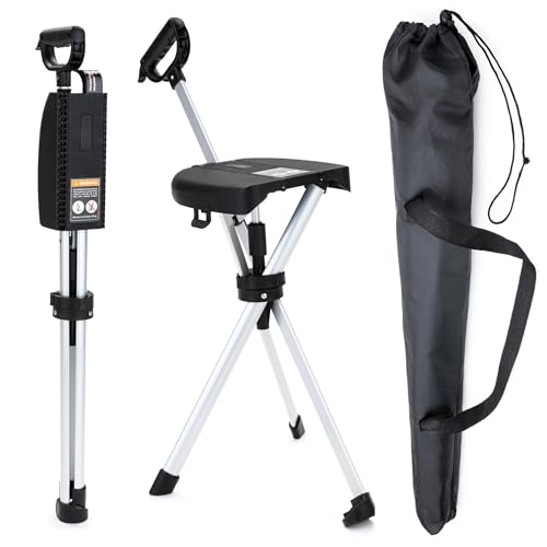 Walking Stick with Seat, Sturdy & Lightweight Aluminium Frame, Foldable Cane Chair, Folding Crutch Chair, Ideal for Travel, Hiking, Sightseeing, Camping, Queuing & Outdoor Activities, suitable for loa