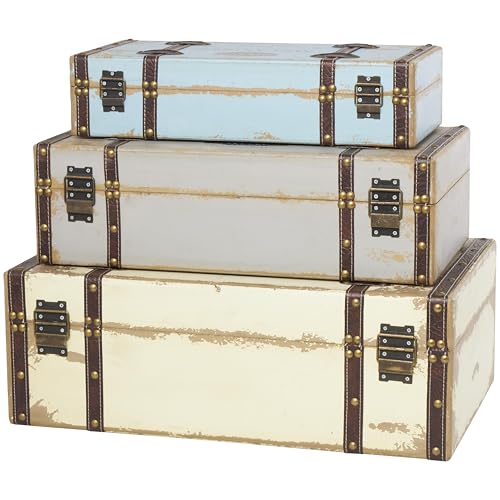 Image of Deco 79 Wooden Decorative Trunk Nesting Decorative Large Boxes with Vintage Accents and Studs, Set of 3 Storage Trunks 23 inch, 21 inch, 18 inchW, Multi Colored